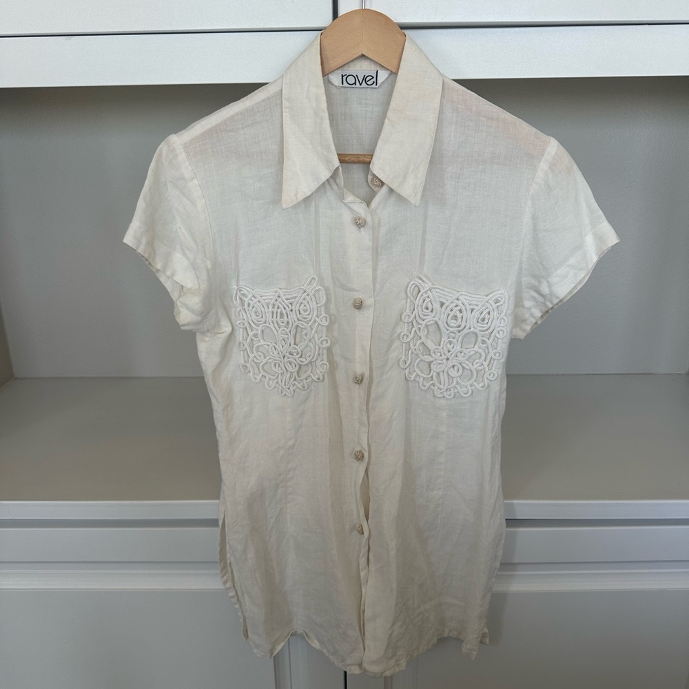 Ravel Short-Sleeve Button-Down Linen Top
